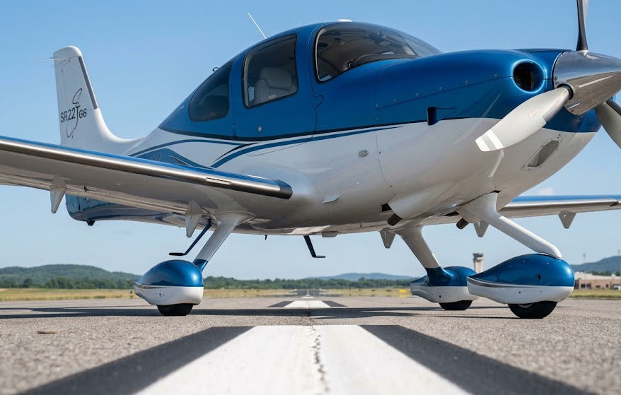 Blue-and-white single-engine propeller aircraft parked on an airport runway.