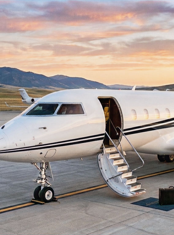 White private jet parked on an airport apron with boarding stairs lowered.
