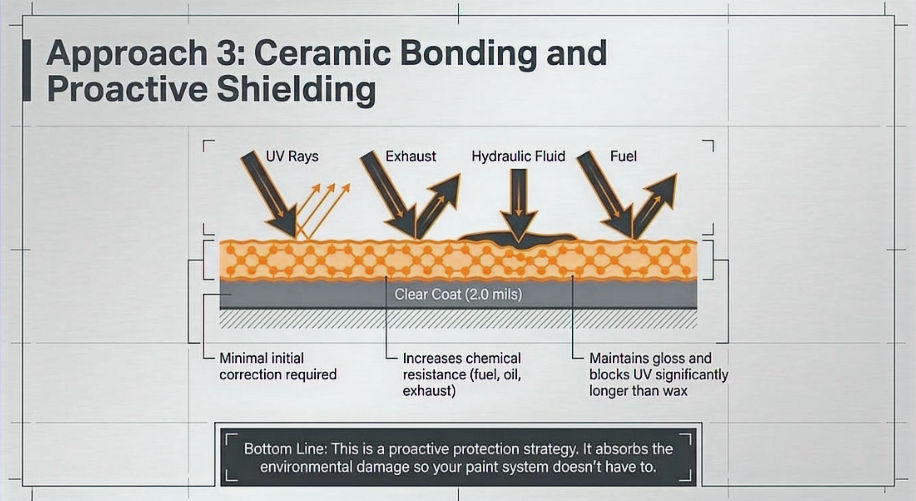Diagram of a ceramic coating layer on aircraft clear coat, showing exposure to UV rays, exhaust, hydraulic fluid and fuel.