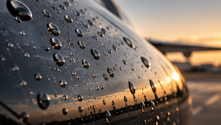 Water droplets beading on a polished aircraft fuselage in sunlight.