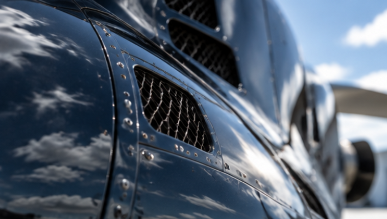 Close-up of an aircraft fuselage vent and exterior panel.