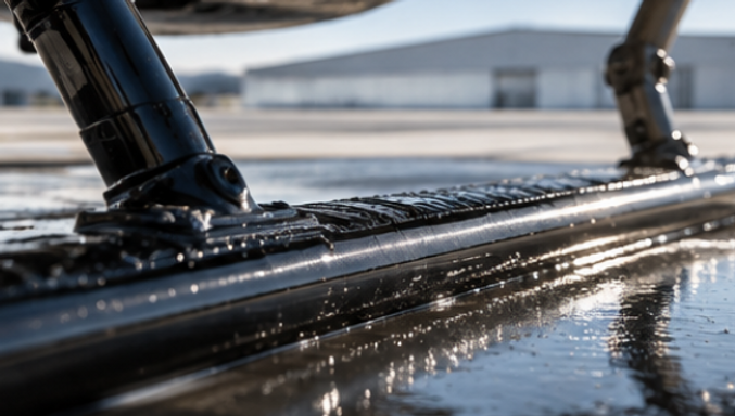 Water washing the glossy exterior of an aircraft.