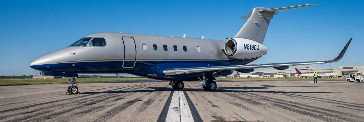Large business jet parked on an airport apron beneath a clear blue sky.