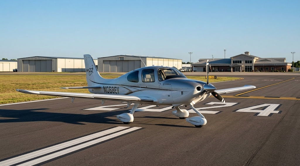 Single-engine propeller aircraft on an airport runway beside hangars.