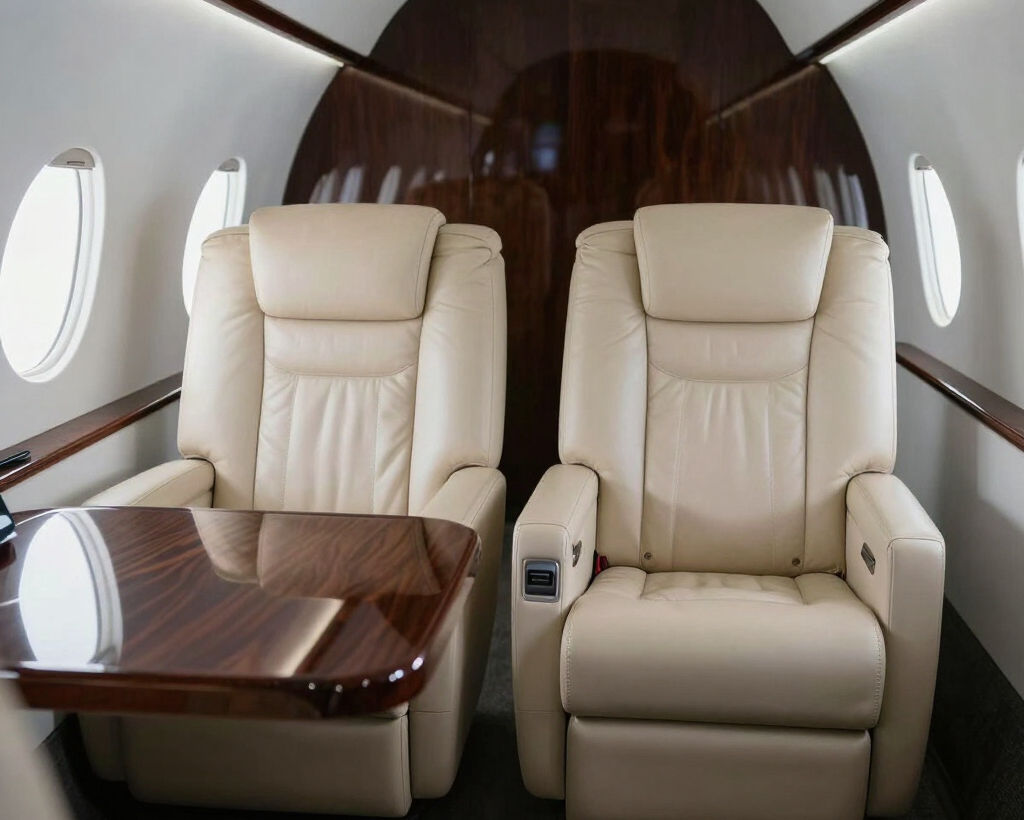 Cream leather seats and a polished wood table inside a private aircraft cabin.