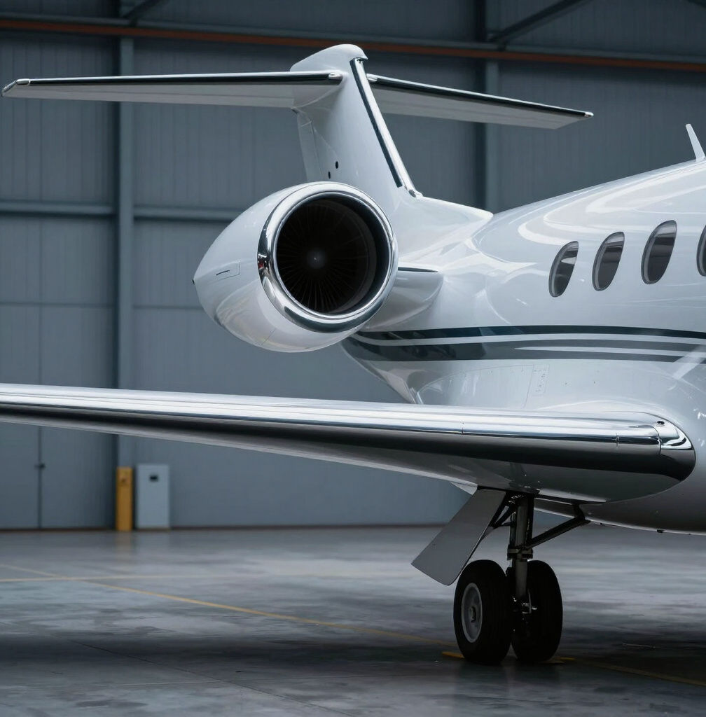 Close-up of a white business jet’s engine, fuselage and landing gear inside a hangar.