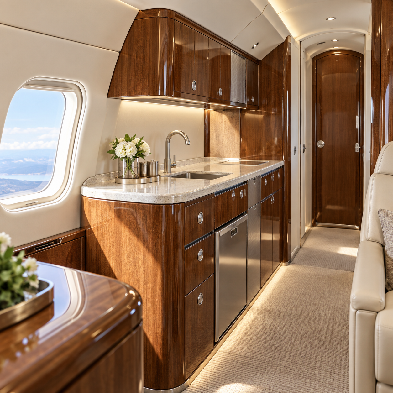 Private aircraft galley with wood cabinetry and a countertop, with a lavatory door in the background.